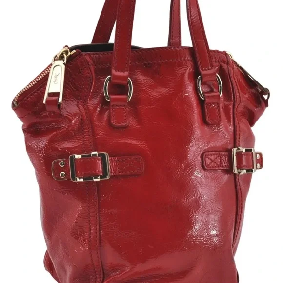 Authentic YVES SAINT LAURENTDowntown Mini Hand Bag Enamel Red 2866E
